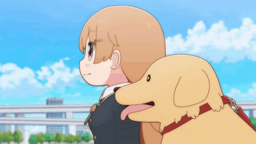 A Girl With Purple Eyes Is Holding A Yellow Dog GIF