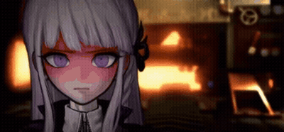 A Girl With Purple Eyes Is Standing In Front Of A Fireplace . GIF