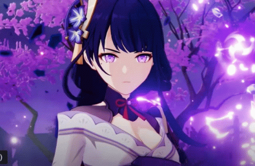 A Girl With Purple Eyes Is Standing In Front Of A Tree With Purple Flowers GIF