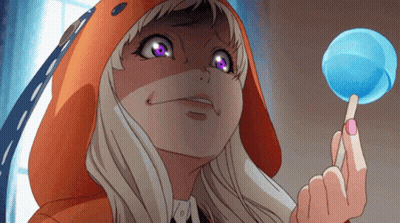 A Girl With Purple Eyes Is Wearing An Orange Hood And Holding A Blue Lollipop GIF