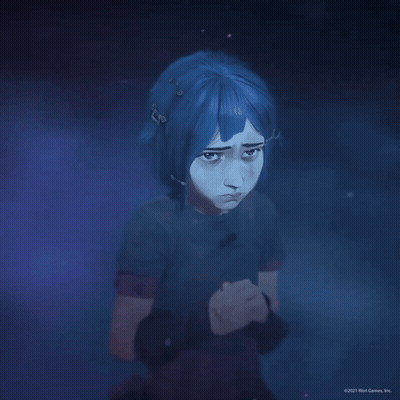 A Girl With Purple Hair And A Black Shirt With A Cross On It GIF