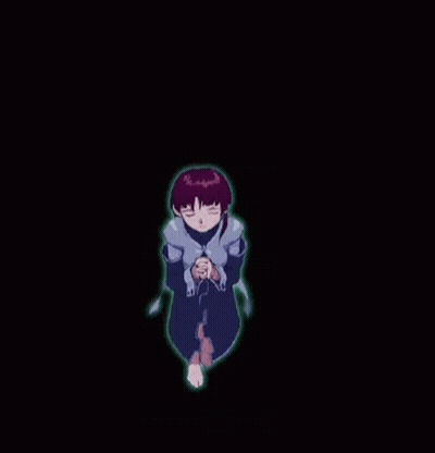 A Girl With Purple Hair And A Blue Coat Is Standing In A Dark Room . GIF
