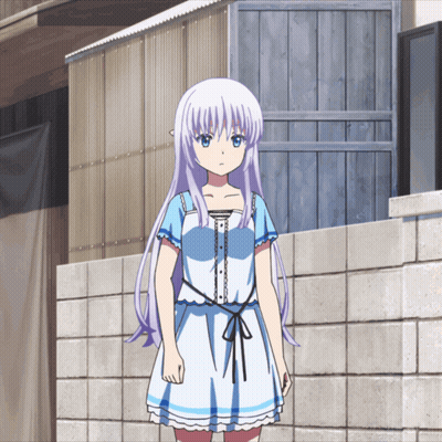 A Girl With Purple Hair And A Blue Dress Is Standing In Front Of A Brick Wall GIF