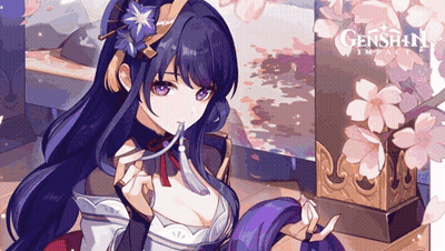 A Girl With Purple Hair And A Flower In Her Hair Is Standing In Front Of A Genshin Impact Sign GIF
