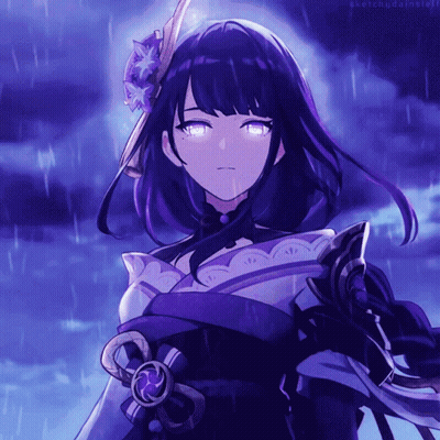 A Girl With Purple Hair And A Flower In Her Hair Stands In The Rain GIF