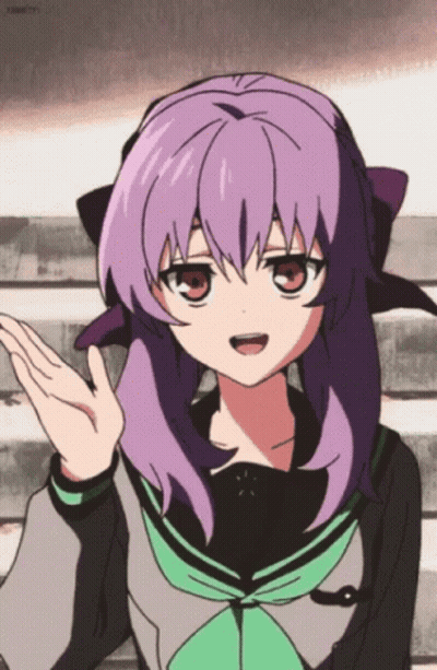 A Girl With Purple Hair And A Green Tie Is Waving Her Hand GIF