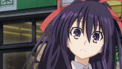 A Girl With Purple Hair And A Red Ribbon On Her Head GIF