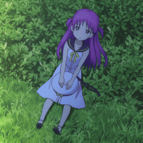 A Girl With Purple Hair And A White Dress Is Laying In The Grass GIF