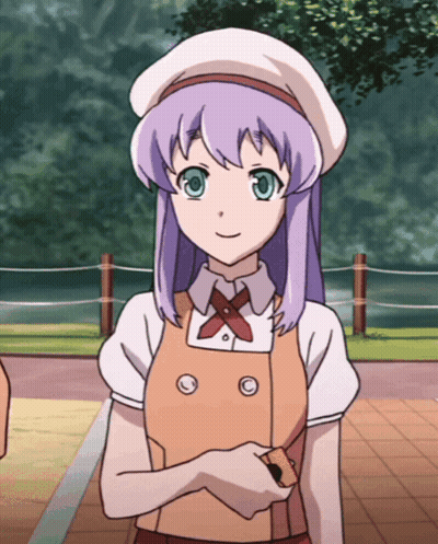 A Girl With Purple Hair And A White Hat GIF