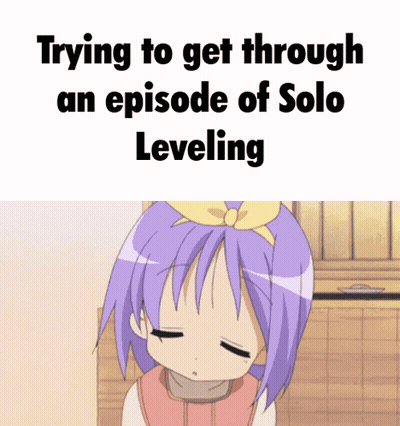 A Girl With Purple Hair And A Yellow Bow On Her Head Says Trying To Get Through An Episode Of Solo Leveling GIF