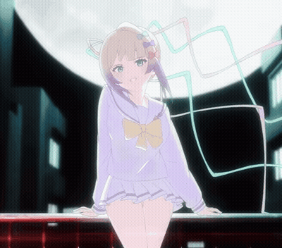 A Girl With Purple Hair And A Yellow Bow On Her Head GIF