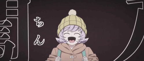 A Girl With Purple Hair And A Yellow Hat Is Smiling With Her Mouth Open GIF