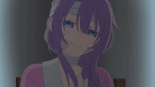 A Girl With Purple Hair And Bandages On Her Head Is Smiling GIF