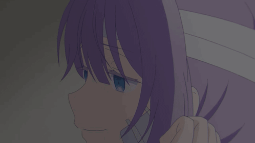 A Girl With Purple Hair And Blue Eyes Has A Bandage Around Her Head GIF
