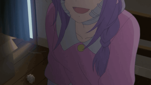 A Girl With Purple Hair And Blue Eyes Has A Bandage Around Her Neck GIF