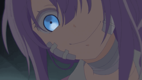 A Girl With Purple Hair And Blue Eyes Has A Bandaged Face GIF