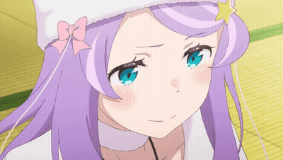 A Girl With Purple Hair And Blue Eyes Has A Star On Her Hat GIF