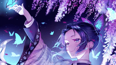 A Girl With Purple Hair And Blue Eyes Is Holding A Blue Butterfly GIF