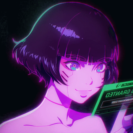 A Girl With Purple Hair And Blue Eyes Is Holding A Green Card That Says ' O3tиaa2 ' On It GIF