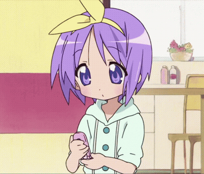 A Girl With Purple Hair And Blue Eyes Is Holding A Pink Phone GIF