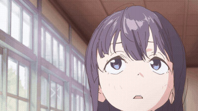 A Girl With Purple Hair And Blue Eyes Is Looking At Something GIF