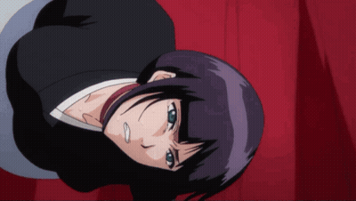 A Girl With Purple Hair And Blue Eyes Is Looking Up GIF