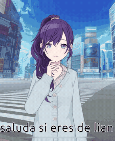 A Girl With Purple Hair And Blue Eyes Is Standing In Front Of A City With The Words Saluda Si Eres De Lian Below Her GIF