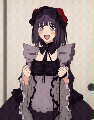 a girl with purple hair and blue eyes is wearing a black and gray dress