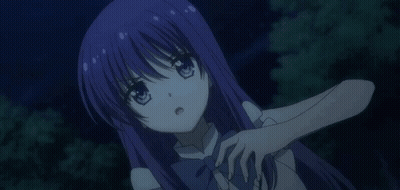 A Girl With Purple Hair And Blue Eyes Looks Up At The Sky GIF