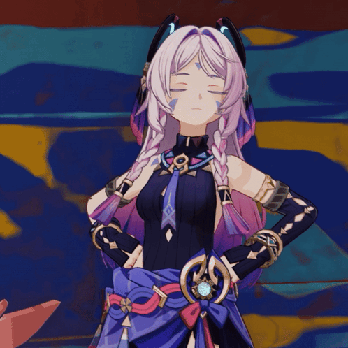 A Girl With Purple Hair And Braids Is Standing With Her Eyes Closed GIF