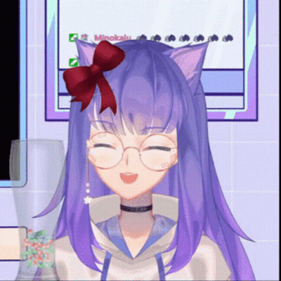 A Girl With Purple Hair And Cat Ears Is Smiling In Front Of A Mirror GIF
