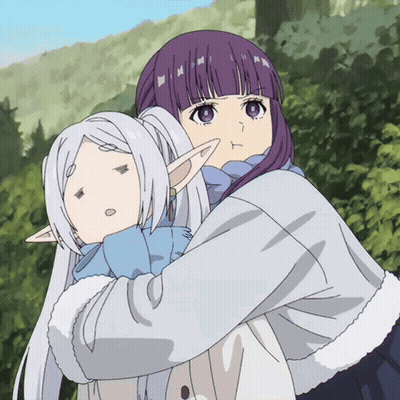 A Girl With Purple Hair And Ears Is Hugging Another Girl With White Hair GIF