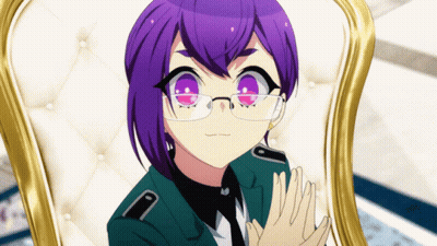 A Girl With Purple Hair And Glasses Is Sitting On A Chair GIF