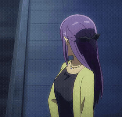 A Girl With Purple Hair And Glasses Is Standing In Front Of A Purple Light GIF
