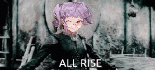 A Girl With Purple Hair And Glasses Is Standing In Front Of A Wall And Says `` All Rise '' . GIF