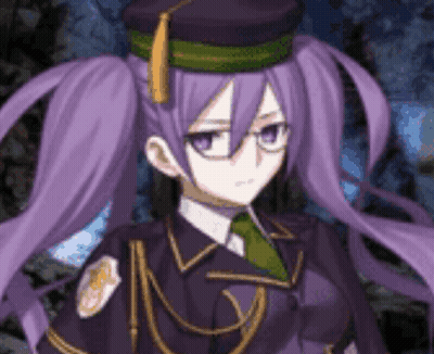 A Girl With Purple Hair And Glasses Is Wearing A Purple Uniform And A Hat . GIF