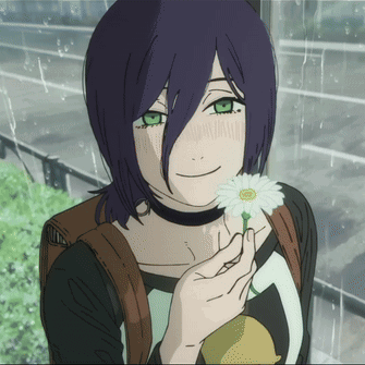 A Girl With Purple Hair And Green Eyes Holding A Flower GIF