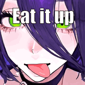 A Girl With Purple Hair And Green Eyes Is Sticking Her Tongue Out And The Words Eat It Up Are Above Her GIF