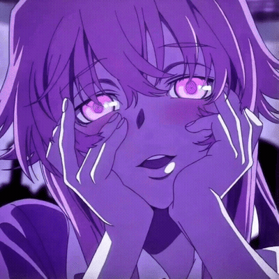 A Girl With Purple Hair And Pink Eyes Covering Her Face GIF
