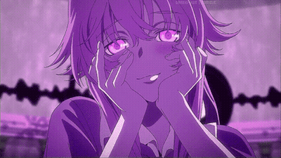 A Girl With Purple Hair And Pink Eyes Is Making A Funny Face GIF