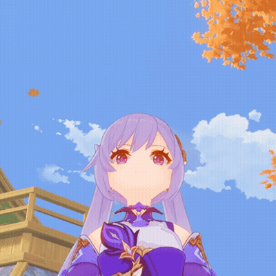 A Girl With Purple Hair And Pink Eyes Is Standing In Front Of A Blue Sky GIF