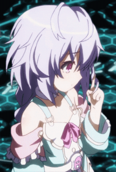 A Girl With Purple Hair And Pink Eyes Is Wearing A White And Pink Dress GIF