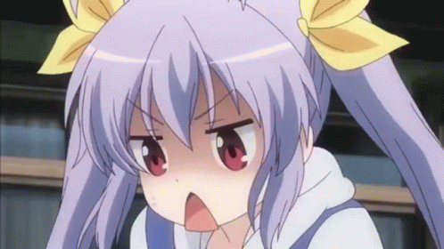 A Girl With Purple Hair And Red Eyes Has A Yellow Bow In Her Hair GIF