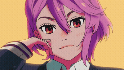 A Girl With Purple Hair And Red Eyes Has Her Hand On Her Face GIF