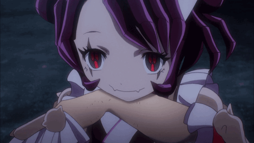 A Girl With Purple Hair And Red Eyes Is Holding A Stuffed Animal GIF
