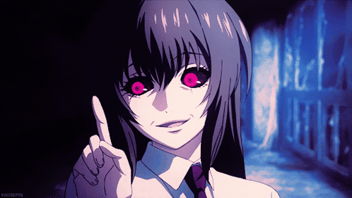 A Girl With Purple Hair And Red Eyes Is Pointing Upwards GIF