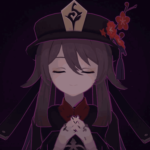 A Girl With Purple Hair And Red Eyes Is Wearing A Black Hat GIF