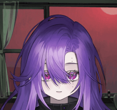 A Girl With Purple Hair And Red Eyes Looks At The Camera GIF