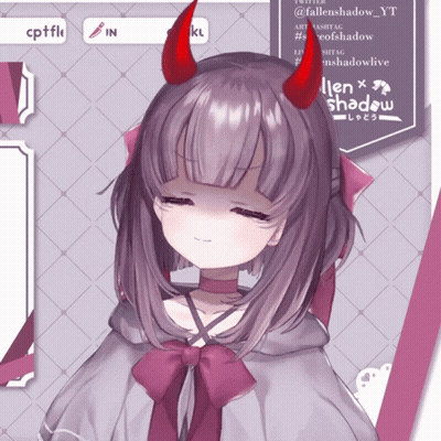 A Girl With Purple Hair And Red Horns Is Standing In Front Of Fallen Shadow GIF