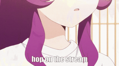 A Girl With Purple Hair And The Words Hop On The Stream GIF